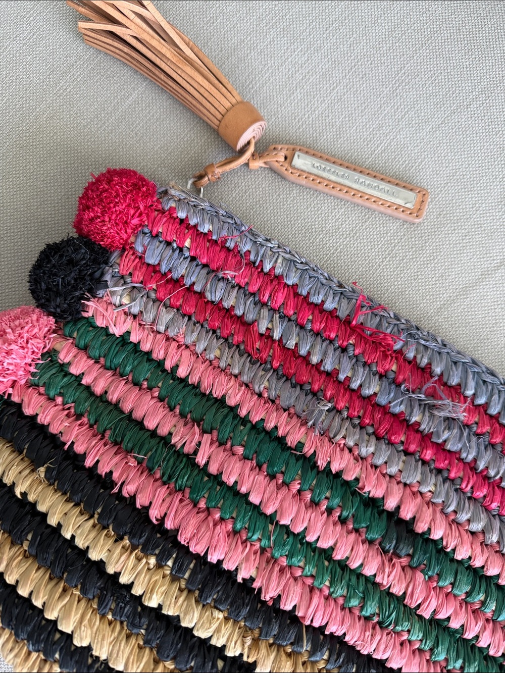 Loeffler Randall Striped Woven Clutch with Pom-Poms in Pink, Green & Black - Picture 2 of 2